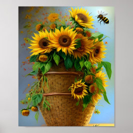 Póster Cesta de girasoles y abejas