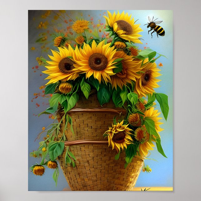 Póster Cesta de girasoles y abejas (Frente)