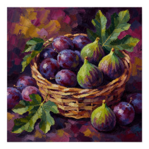 Póster Cesta de Higos y Ciruelas Pintura al Óleo Arte