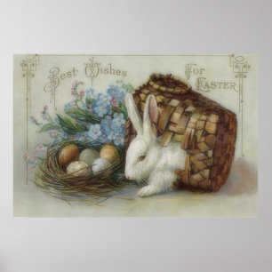 Póster Cesta de huevo pintado de color conejo de Pascua O