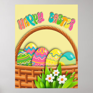 Póster Cesta de Huevos de Pascua de colores   Feliz muro 