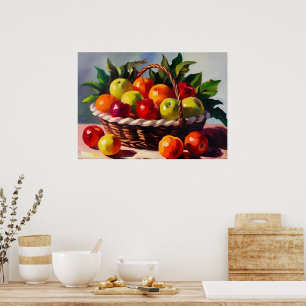 Póster Cesta de manzanas, pintura de naturaleza muerta,