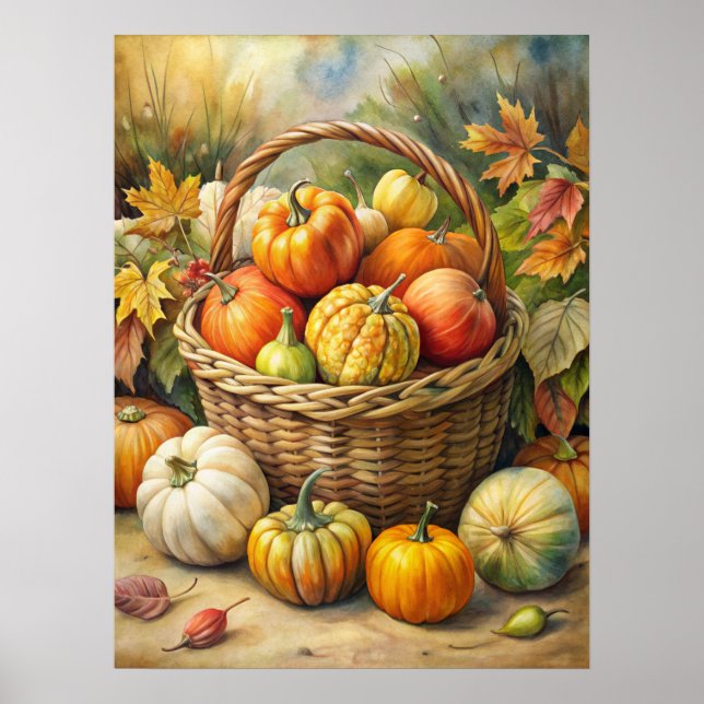 Póster Cesta de Mimbre con Calabazas de Otoño (Frente)