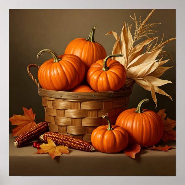 Póster Cesta de mimbre y calabaza - Granja rústica (Frente)