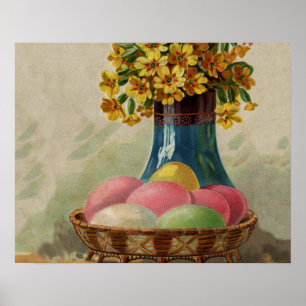 Póster Cesta de Pascua Huevos Flores Antigua