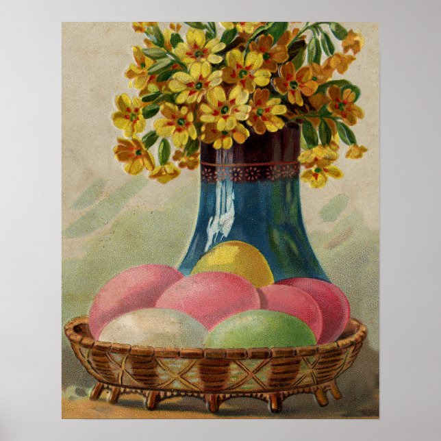 Póster Cesta de Pascua Huevos Flores Antiguo (Frente)
