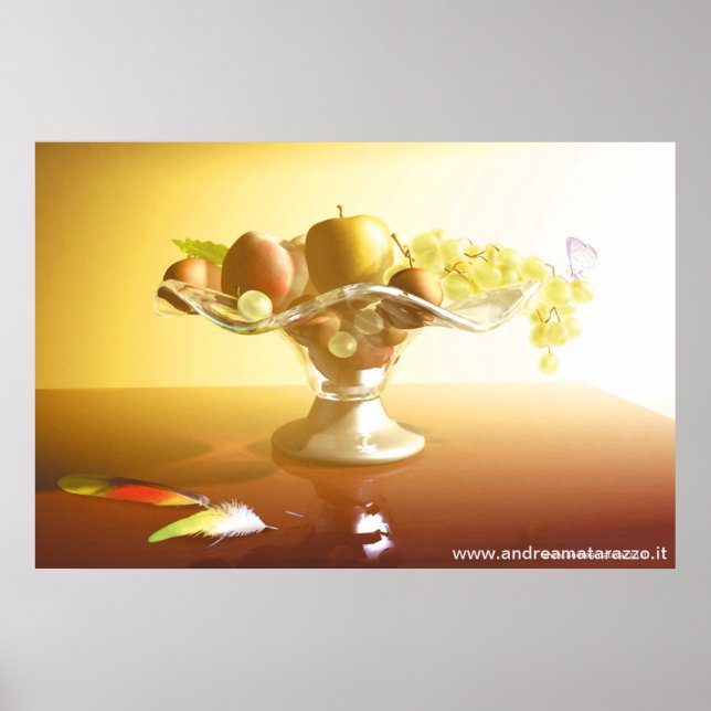 Póster Cesta de vidrio con frutas y mariposa (Frente)