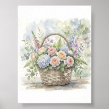 Cesta floral de acuarela con rosas e hydrangeas