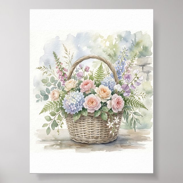 Póster Cesta floral de acuarela con rosas e hydrangeas (Frente)