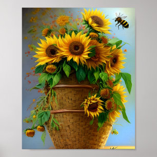 Póster Cesto de girasoles y abejas