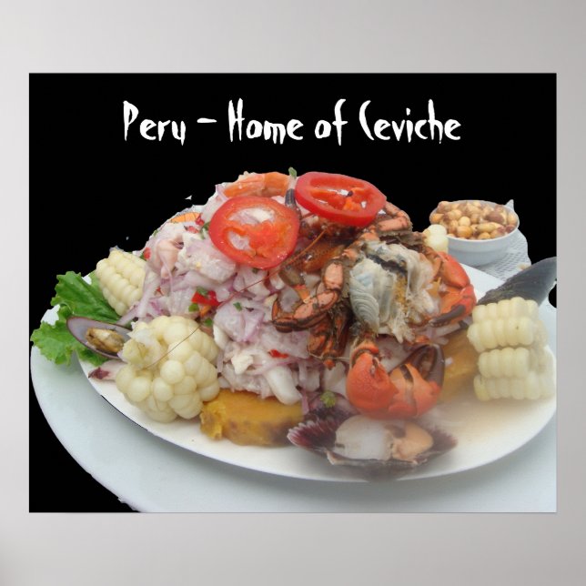 Póster Ceviche con Mariscos - sobre un dramático fondo ne (Frente)