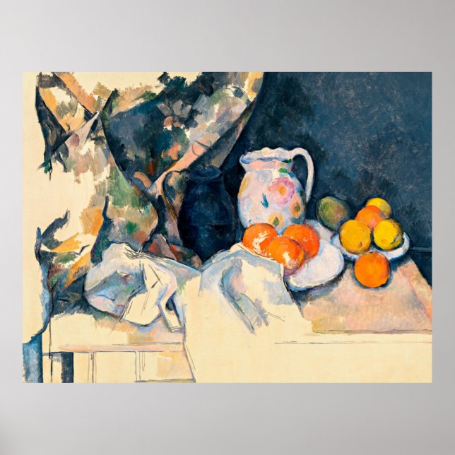 Póster Cezanne - Cortina y fruta (Frente)