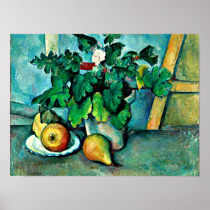Póster Cezanne - Pote de rosas y frutas