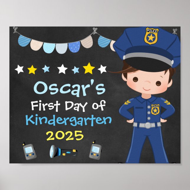 Póster Chalkboard de niño oficial de policía primer día d (Frente)