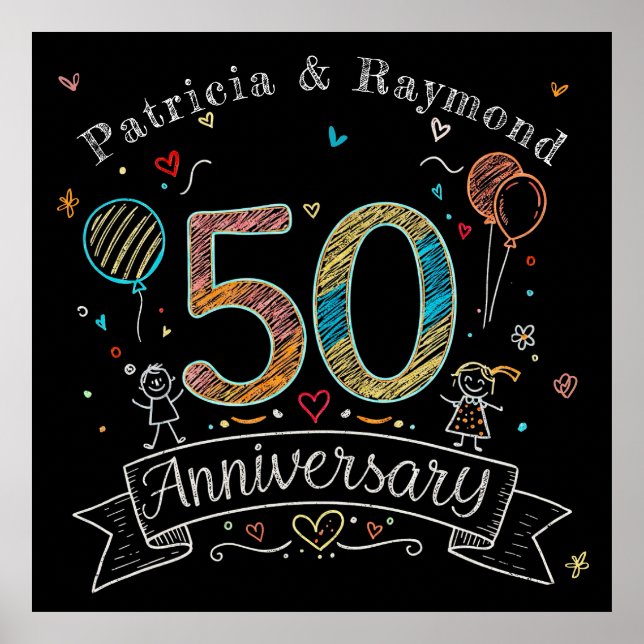 Póster Chalkboard Doodles 50 Aniversario personalizado (Frente)