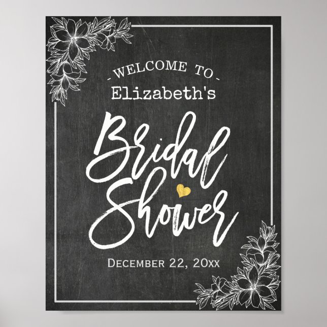 Póster Chalkboard Floral Bridal Shower Recepción de bienv (Frente)