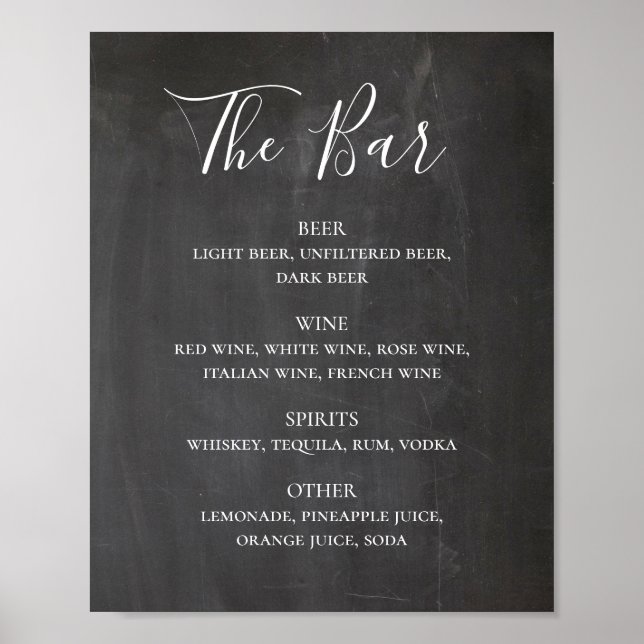 Póster Chalkboard modern script wedding alcohol drinks (Frente)