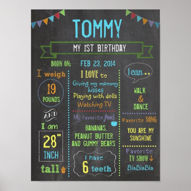 Póster Chalkboard poster de cumpleaños de niño personaliz (Frente)