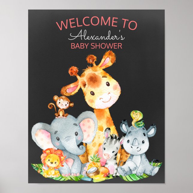 Póster Chalkboard Watercol Cute Safari Jungle Baby Shower (Frente)