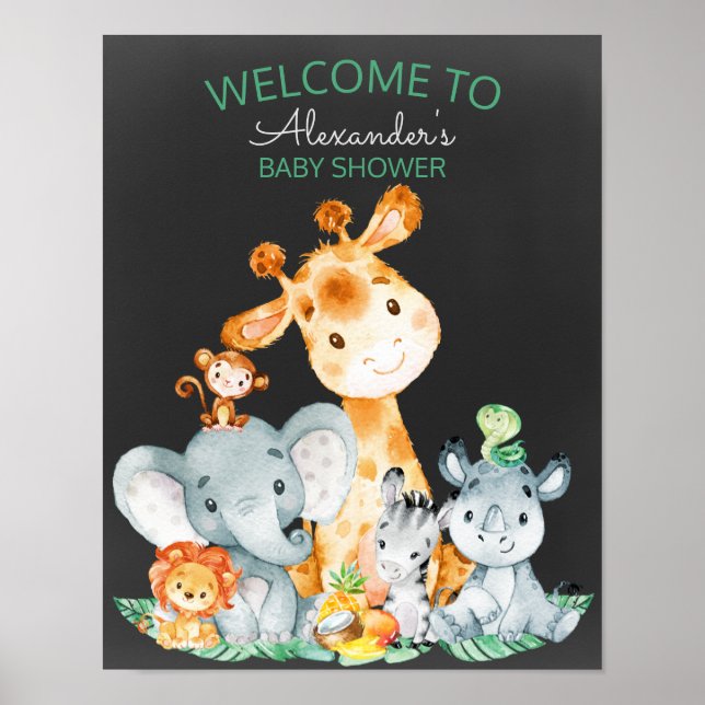 Póster Chalkboard Watercol Cute Safari Jungle Baby Shower (Frente)