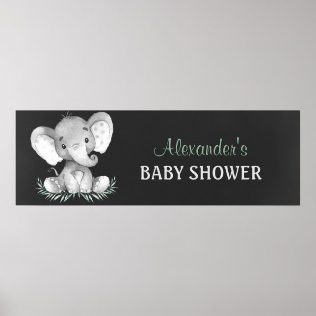 Póster Chalkboard Watercolor Elephant Baby Shower (Frente)