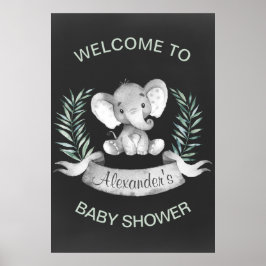 Póster Chalkboard Watercolor Elephant Baby Shower