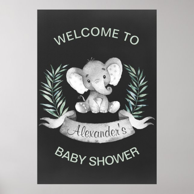 Póster Chalkboard Watercolor Elephant Baby Shower (Frente)