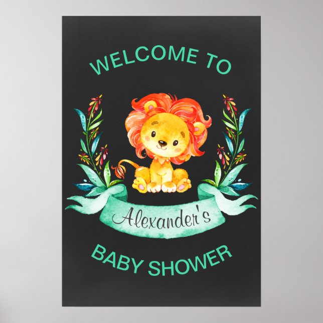 Póster Chalkboard Watercolor Lion Baby Shower (Frente)