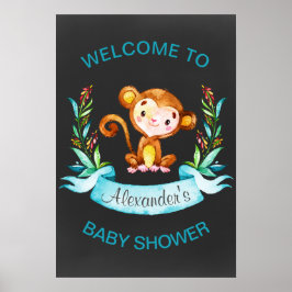 Póster Chalkboard Watercolor Monkey Boy Baby Shower