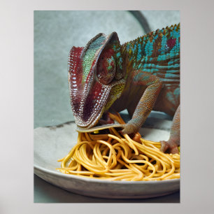 Póster Chameleon comiendo Spaghetti