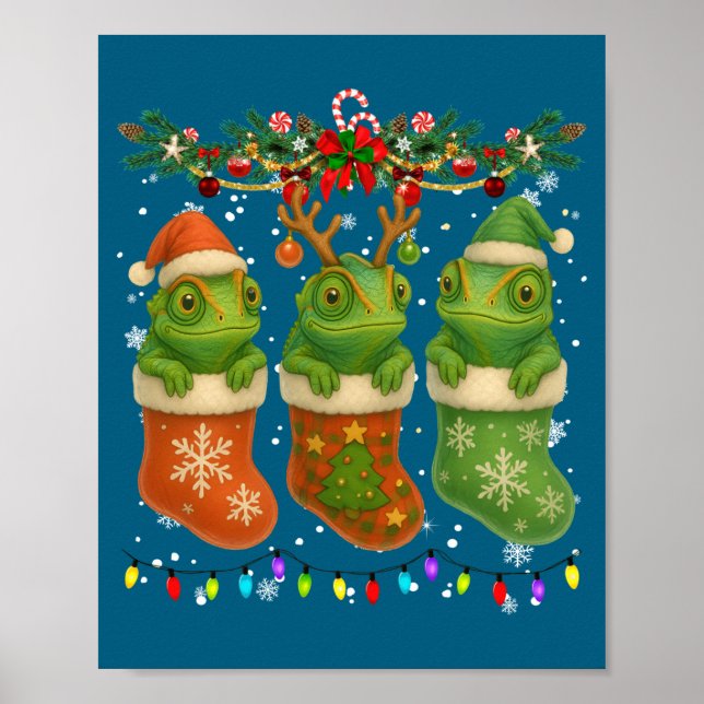 Póster Chameleon In Christmas Socks Lights Chameleon Xmas (Frente)