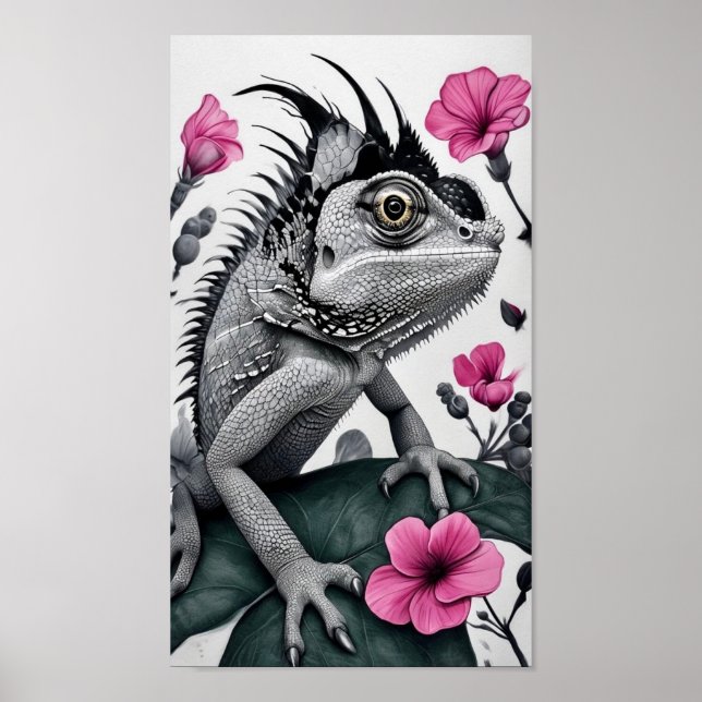 Póster Chameleon Monocromático Con Flores Rosa (Frente)