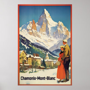 Póster Chamonix, Mont Blan, esquí de época