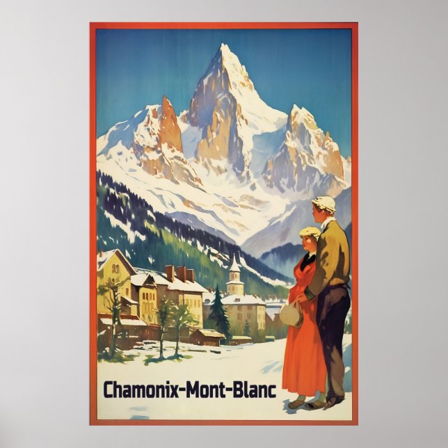 Póster Chamonix, Mont Blan, esquí de época (Frente)