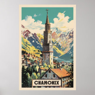 Póster Chamonix, Mont Blan, esquí de época