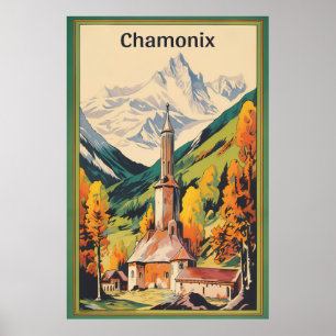 Póster Chamonix, Mont Blan, esquí de época