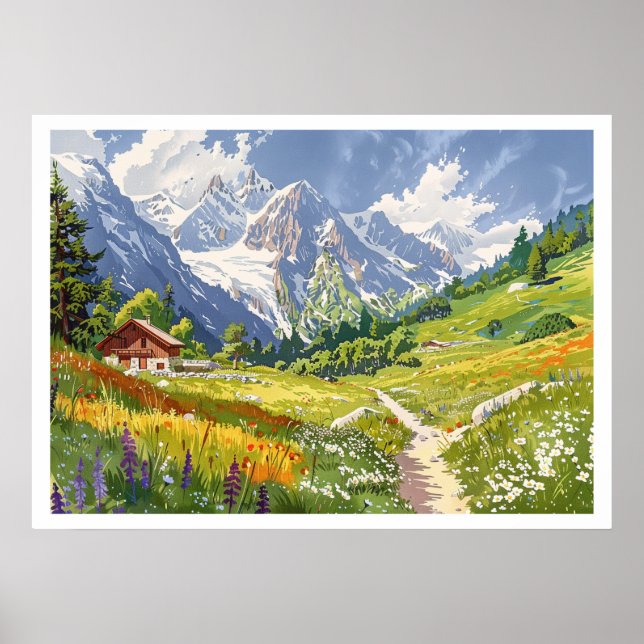 Póster Chamonix, Montaña Retro de Francia (Frente)