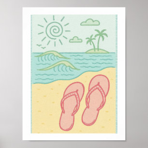Póster Chanclas Retro Playa Océano Tropical Sol Costero