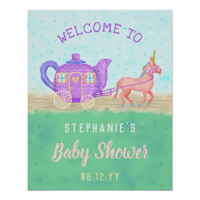 Póster Chariot de Baby Shower, Fiesta de té de Unicorn (Anverso)