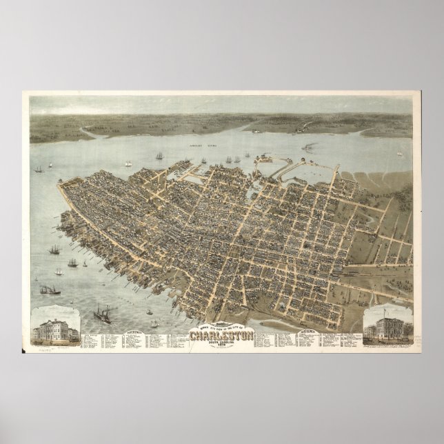 Póster Charleston 1872, SC Birds Eye View Panoramic Map (Frente)