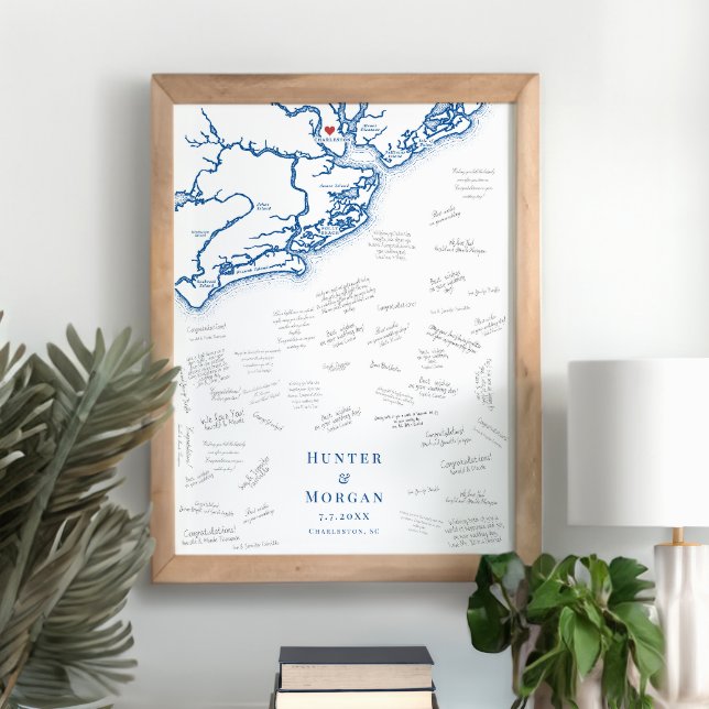 Póster Charleston Boda Elegant Map Poster de libros de in (Charleston SC map alternative wedding guest book poster with elegant navy blue South Carolina map)