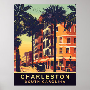 Póster Charleston, calles de la ciudad, SC, viajes antigu