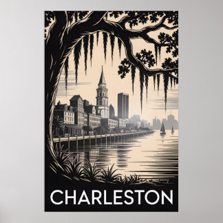 Póster Charleston Carolina del Sur Negro Blanco Grabado e