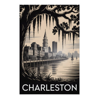 Póster Charleston Carolina del Sur Negro Blanco Grabado e