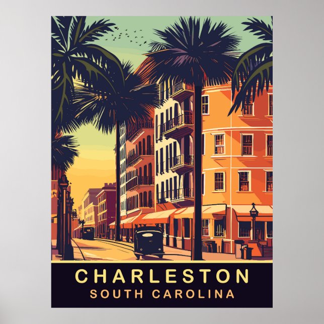 Póster Charleston, City Streets, SC, Viajes de época (Frente)