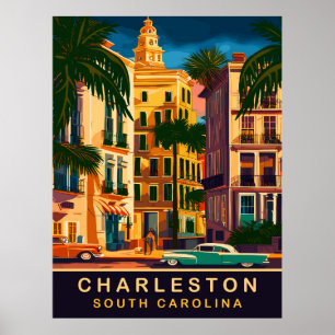 Póster Charleston Downtown, SC, Viajes Antiguos