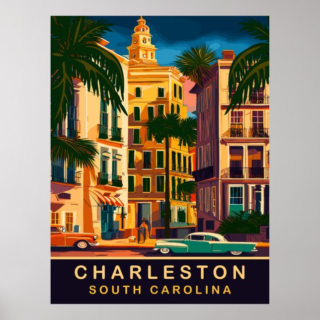 Póster Charleston Downtown, SC, Viajes Antiguos (Frente)