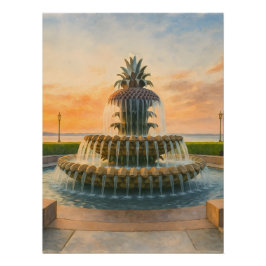 Póster Charleston Pineapple Fountain Acuarela Sunset