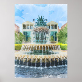 Póster Charleston Pineapple Fountain Watercolor