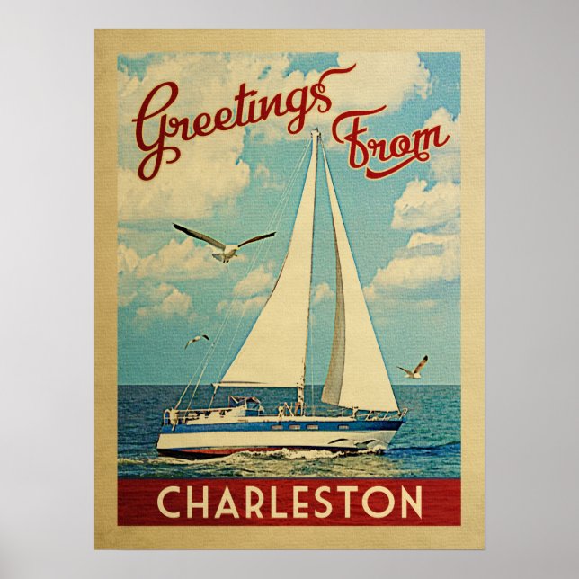 Póster Charleston Poster Sailboat Vintage Carolina del Su (Frente)